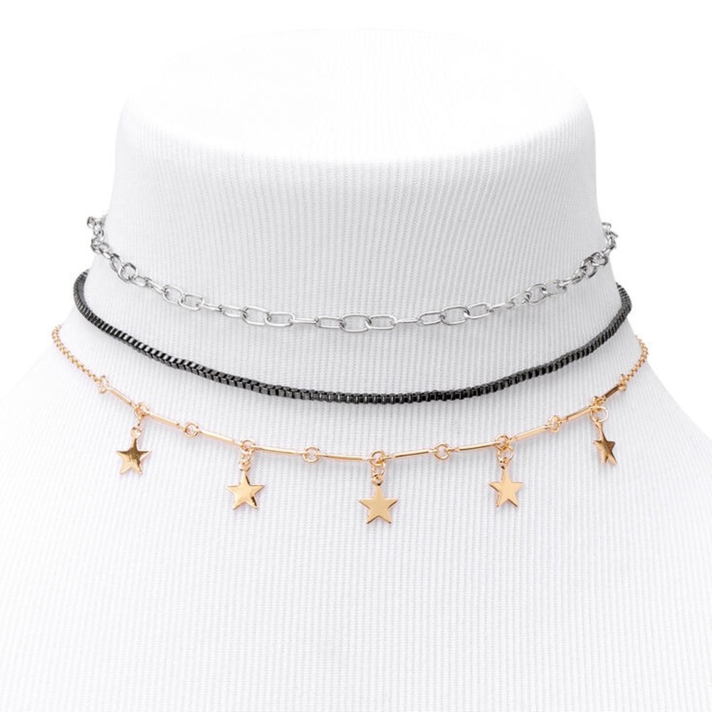 ✨ Claire’s Mixed Metal Star Chain Choker Necklace Set | 3-Piece Stackable NWT 🌟